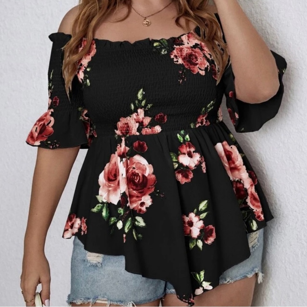 SHEIN Pink and Red Square Neck Peplum Top